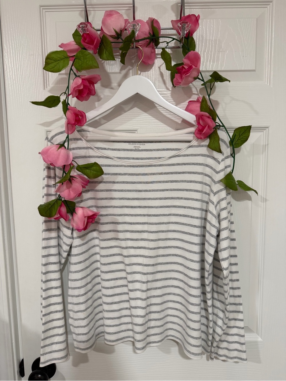 Eileen Fisher Organic Cotton Striped Scoop Neck Long Sleeve Top White Gray XL